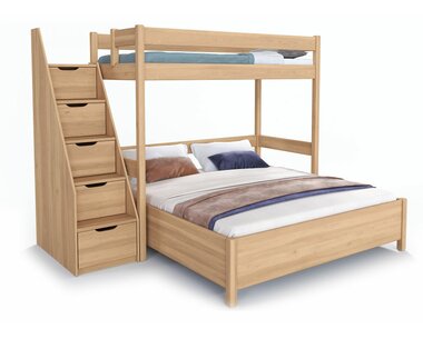 Poschoďová postel s manželskou postelí se schody a s úložným prostorem JUNIOR 15, masiv buk Poschoďová postel s manželskou postelí se schody a s úložným prostorem JUNIOR 15, masiv buk