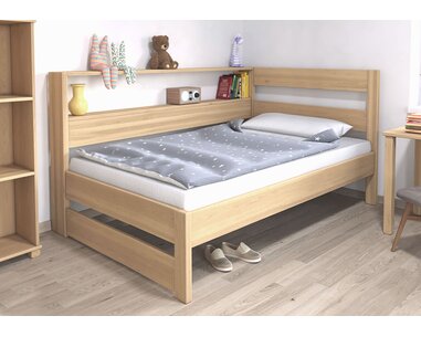 Postel jednolůžko z masivu Ela s policemi, Levá, 140x200cm, masiv buk Postel jednolůžko z masivu Ela s policemi, Levá, 140x200cm, masiv buk