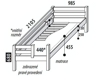 Dětská postel jednolůžko DOMINO se zábranou, dělené čelo D101, masiv smrk Dětská postel jednolůžko DOMINO se zábranou, dělené čelo D101, masiv smrk