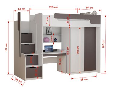Multifunkční patrová postel Dori - rozměry