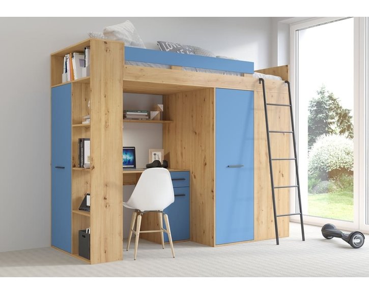 Multifunkční patrová postel Vera - Pravá, lamino dub artisan modrá Multifunkční patrová postel Vera - Pravá, lamino dub artisan modrá