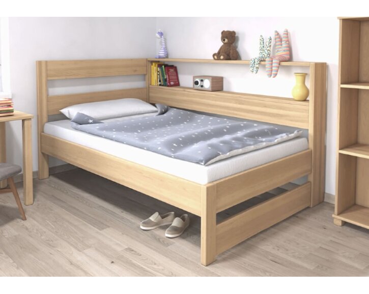 Postel jednolůžko z masivu Ela s policemi, Levá, 140x200cm, masiv buk