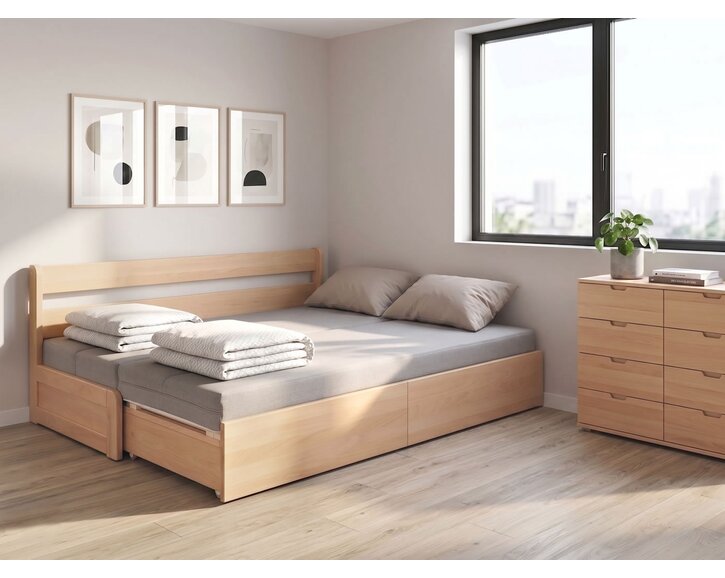 Rozkládací postel s úložným prostorem FLEXO - Pravá, masiv buk