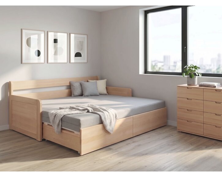 Rozkládací postel s úložným prostorem FLEXO - Pravá, masiv buk