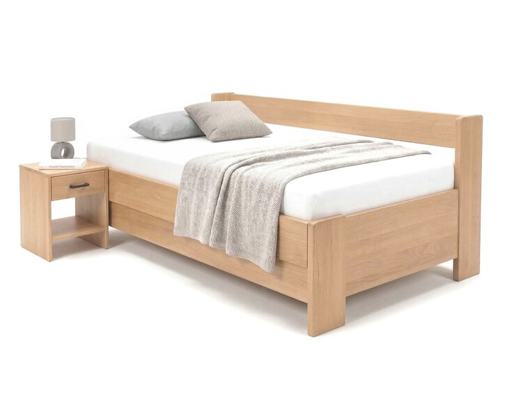 Zvýšená buková postel s roštem MIVA s bočním čelem, 120x200