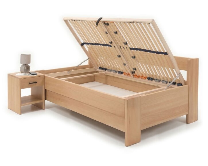 Zvýšená buková postel s roštem MIVA s bočním čelem, 120x200