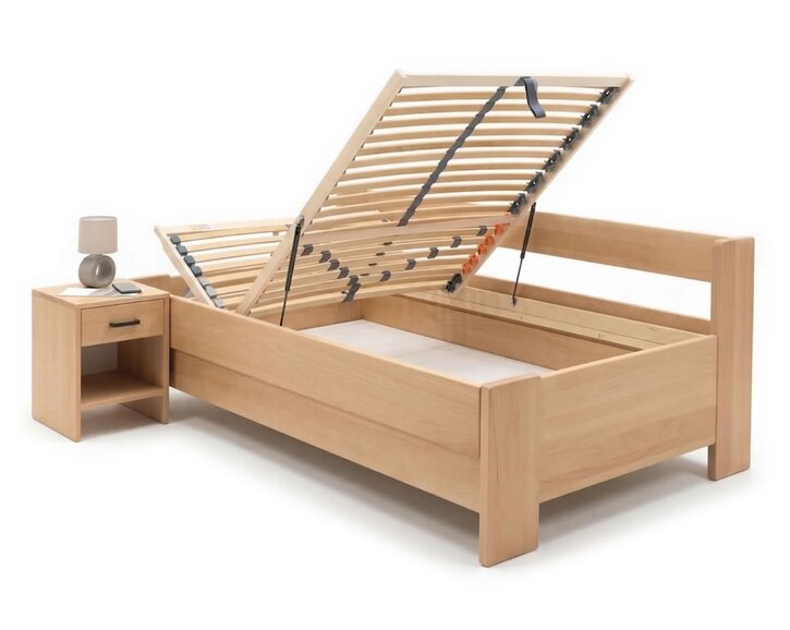 Zvýšená buková postel s roštem MIVA s bočním čelem, 120x200