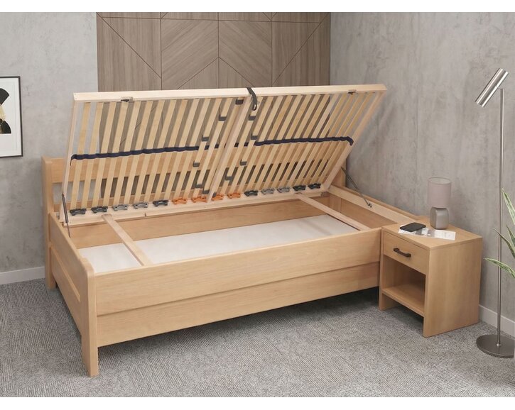 Zvýšená buková postel s roštem MIVA s bočním čelem, 120x200