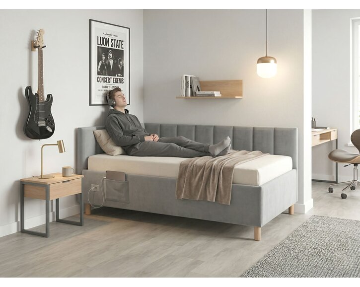 Multifunkční rohová postel DOCK s roštem a USB nabíječkou