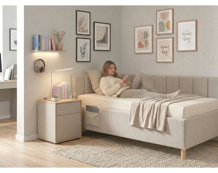 Multifunkční rohová postel DOCK s roštem a USB nabíječkou