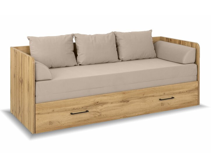 Rozkládací postel s matracemi a polštáři TETRIS, dub wotan/béžová Rozkládací postel s matracemi a polštáři TETRIS, dub wotan/béžová