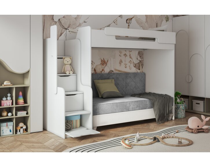 Multifunkční patrová postel Dori s horní postelí a čalouněnou postelí, lamino bílá Multifunkční patrová postel Dori s horní postelí a čalouněnou postelí, lamino bílá