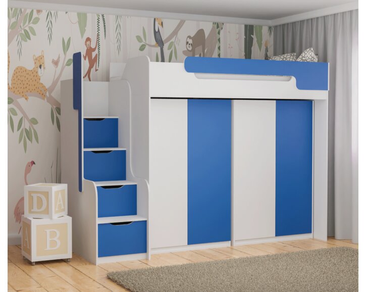 Multifunkční patrová postel Dori se spodní postelí a skříní, lamino bílá/modrá Multifunkční patrová postel Dori se spodní postelí a skříní, lamino bílá/modrá