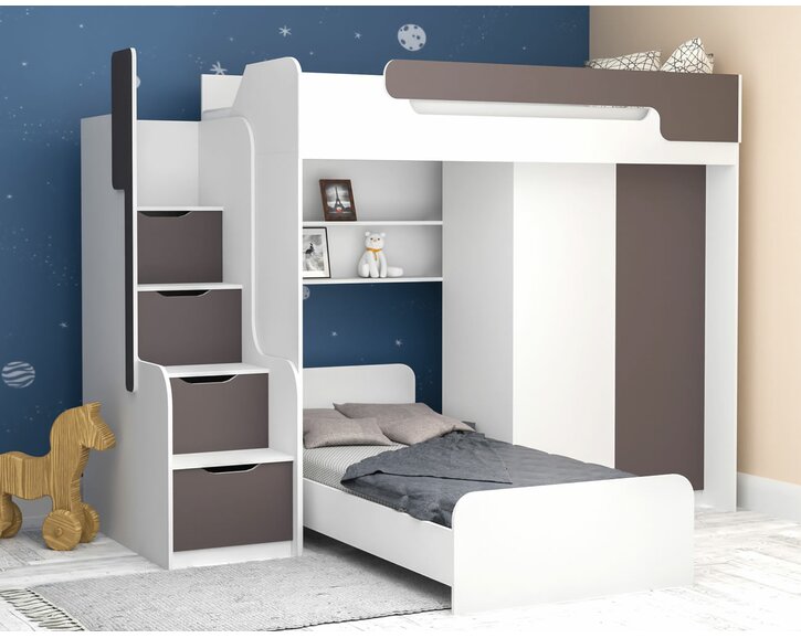 Multifunkční patrová postel Dori se spodní postelí a skříní, lamino bílá/grafit Multifunkční patrová postel Dori se spodní postelí a skříní, lamino bílá/grafit