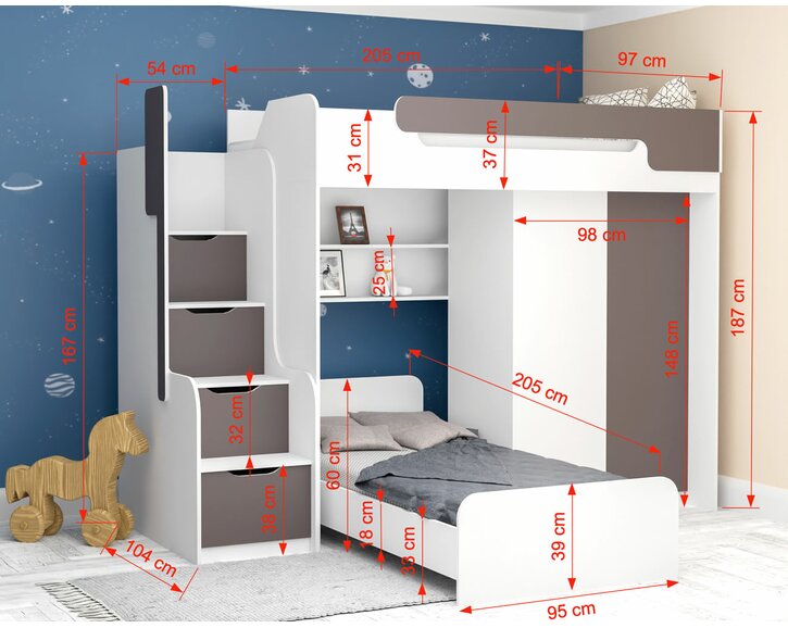 Multifunkční patrová postel Dori - rozměry Multifunkční patrová postel Dori - rozměry