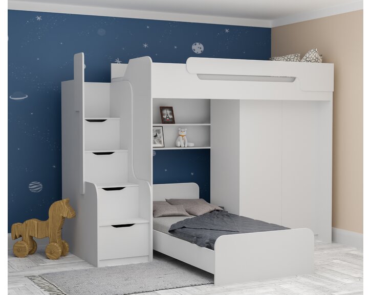 Multifunkční patrová postel Dori se spodní postelí a skříní, lamino bílá Multifunkční patrová postel Dori se spodní postelí a skříní, lamino bílá