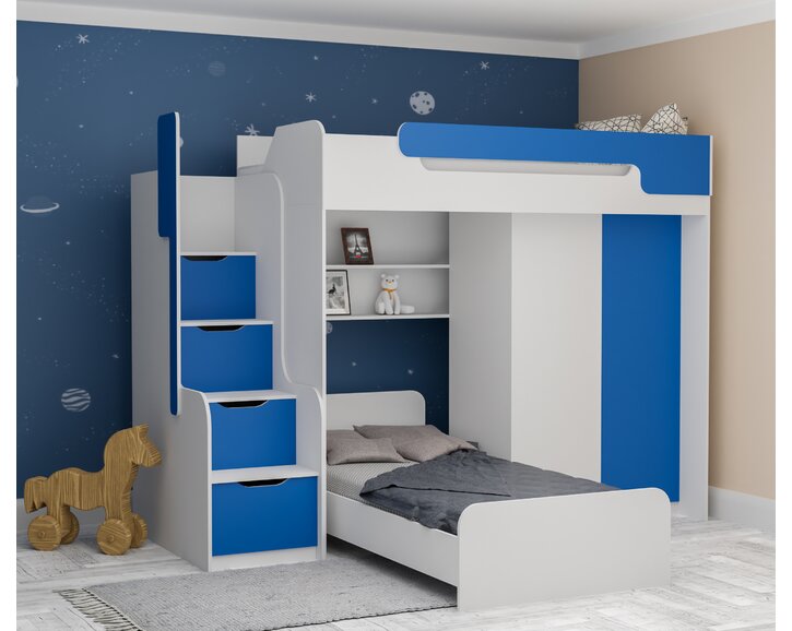 Multifunkční patrová postel Dori se spodní postelí a skříní, lamino bílá/modrá Multifunkční patrová postel Dori se spodní postelí a skříní, lamino bílá/modrá
