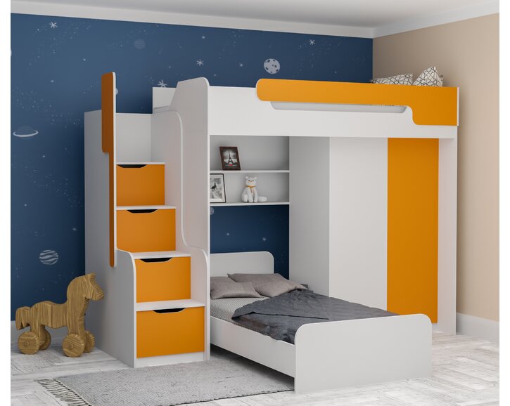 Multifunkční patrová postel Dori se spodní postelí a skříní, lamino bílá/oranžová Multifunkční patrová postel Dori se spodní postelí a skříní, lamino bílá/oranžová