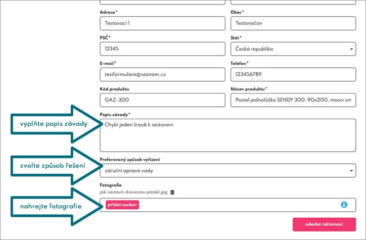 Vyplnění reklamačního formuláře